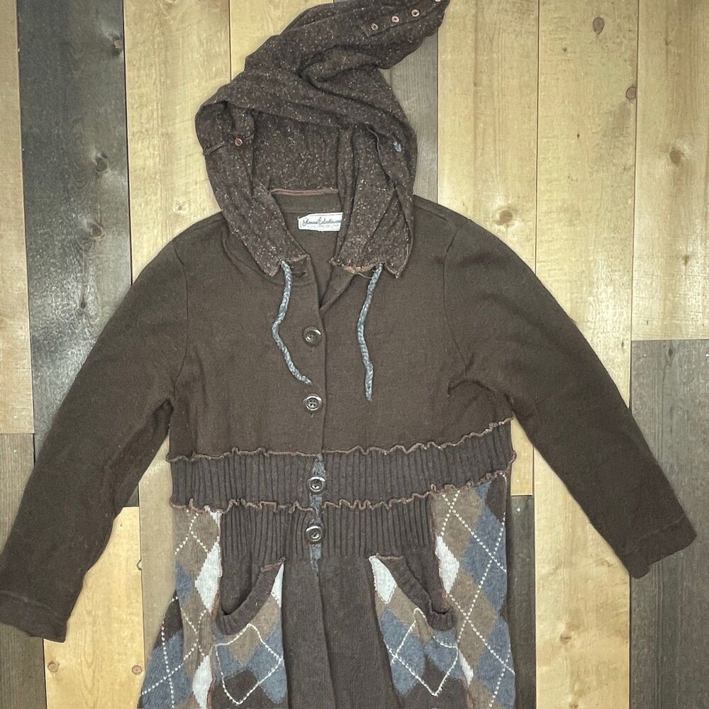 Glenna Eclectic Upcycled Made by US - Art 101 Women's XL Hooded Duster Brown